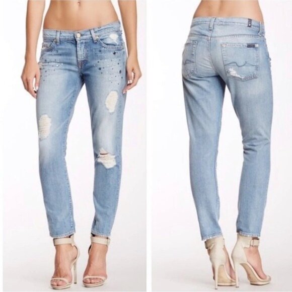 New 7FAM Josefina Jewel Skinny Boyfriend Jeans in Blue Size 28 - Picture 1 of 14